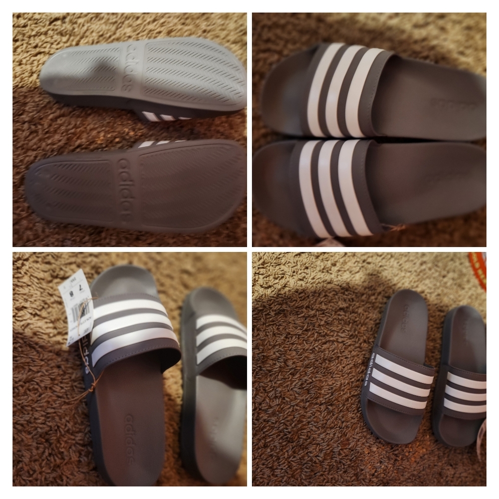 New Adidas Adilete Shower Slides Unisex Size 7 Men Size 8 Women Grey / White